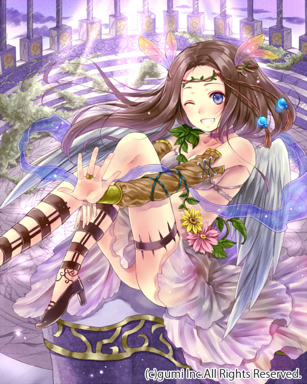 1girl blush brown_hair circlet company_name detached_sleeves feathered_wings feathers flower grin hagoromo hair_feathers hanekoto high_heels long_hair no_socks one_eye_closed pillar shawl sitting smile solo thigh_strap vines violet_eyes wings