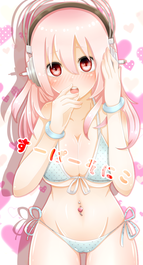 1girl a_p0u0q bikini blush breasts cleavage headphones jewelry large_breasts long_hair looking_at_viewer midriff navel navel_piercing nitroplus open_mouth piercing pink_eyes red_eyes solo super_sonico swimsuit
