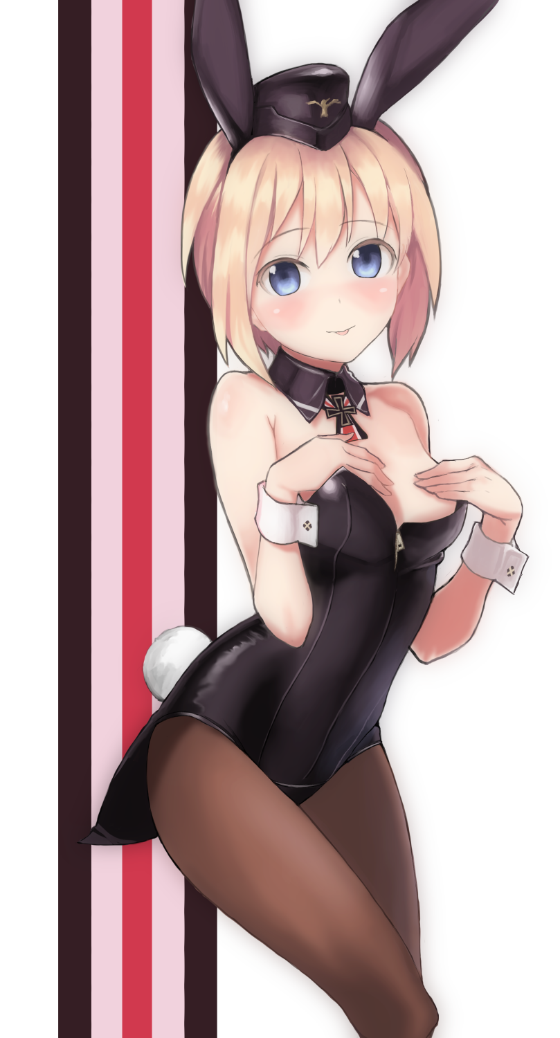 1girl :p animal_ears bare_shoulders black_legwear blonde_hair blue_eyes blush bunny_girl bunny_tail bunnysuit covering covering_breasts detached_collar erica_hartmann hat highres looking_at_viewer pantyhose rabbit_ears short_hair small_breasts smile solo strike_witches tail takenaka_koudai tongue tongue_out wrist_cuffs