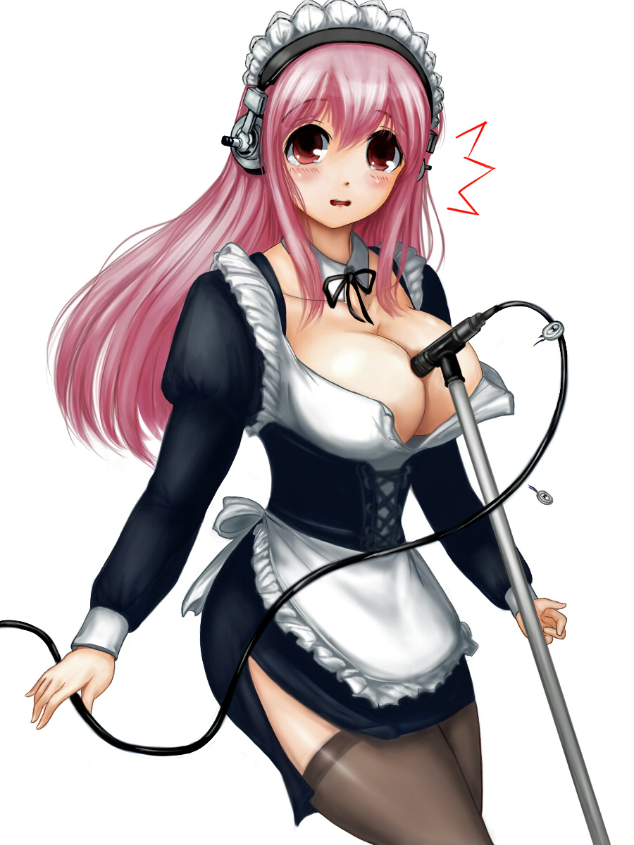 1girl breasts buttons cleavage detached_collar headphones highres large_breasts long_hair looking_at_viewer maid microphone nitroplus open_clothes open_mouth pink_hair red_eyes side_slit solo super_sonico thigh-highs unbuttoned yamasuke_mk2