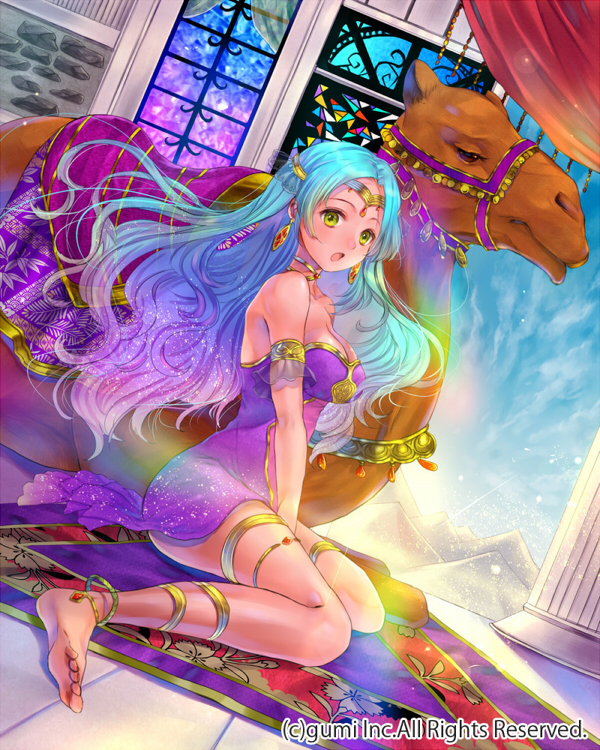 1girl aqua_hair barefoot between_legs breasts camel carpet circlet cleavage company_name dress from_side gem hand_between_legs hanekoto long_hair open_mouth pillar sitting solo stained_glass wariza yellow_eyes