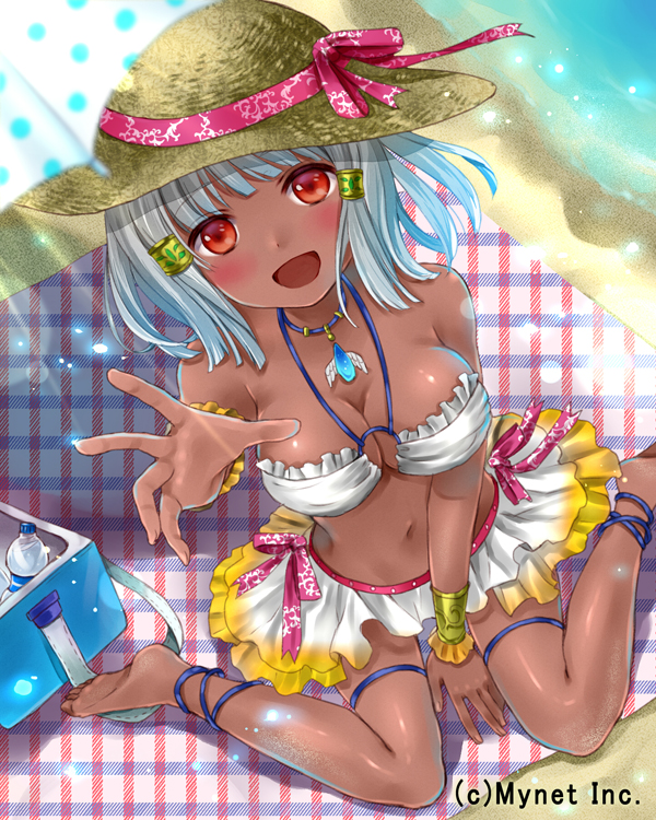 1girl ankle_lace-up barefoot beach bikini bikini_skirt blanket bottle company_name cooler cross-laced_footwear dark_skin hair_ornament hanekoto hat hat_ribbon jewelry o-ring_top outstretched_hand pendant plaid plaid_blanket reaching_out red_eyes ribbon silver_hair solo sun_hat swimsuit water water_bottle white_bikini white_swimsuit