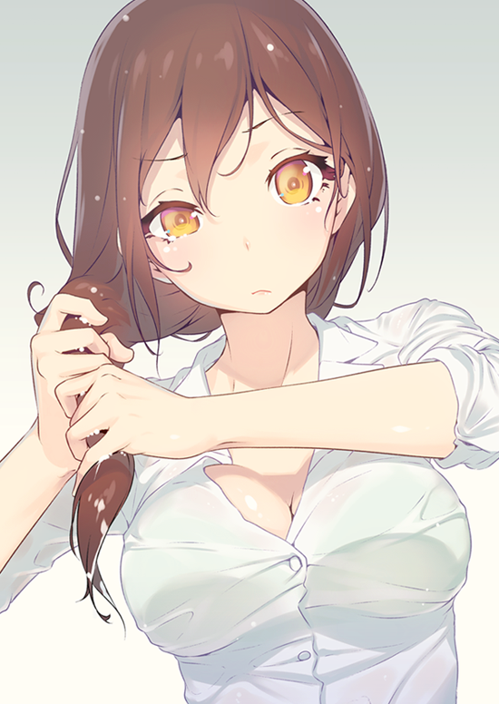 1girl breasts brown_hair cleavage dress_shirt gradient gradient_background long_hair looking_at_viewer nilitsu shirt simple_background sleeves_rolled_up solo unbuttoned upper_body wet_hair wringing_hair yellow_eyes