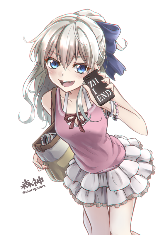 1girl :d arm_up bag blue_eyes blush bow bracelet camcorder casual cellphone charlotte_(anime) d-style_wed frilled_skirt frills hair_bow handbag jewelry open_mouth phone ponytail silver_hair simple_background skirt smartphone smile solo tank_top tomori_nao twitter_username white_background