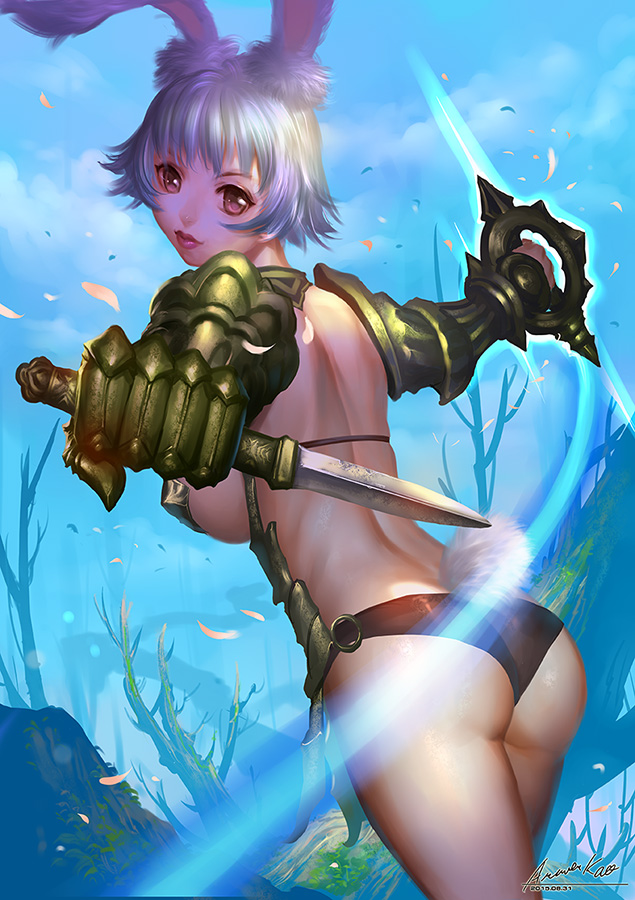 1girl animal_ears ariverkao ass blue_hair breasts brown_eyes bunny_tail dual_wielding large_breasts lips looking_back original rabbit_ears short_hair sideboob solo tail thighs