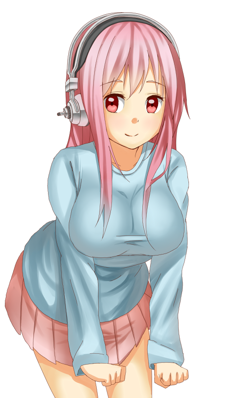 1girl blush breasts headphones large_breasts long_hair looking_at_viewer nitroplus pink_hair red_eyes smile solo super_sonico yoshikano