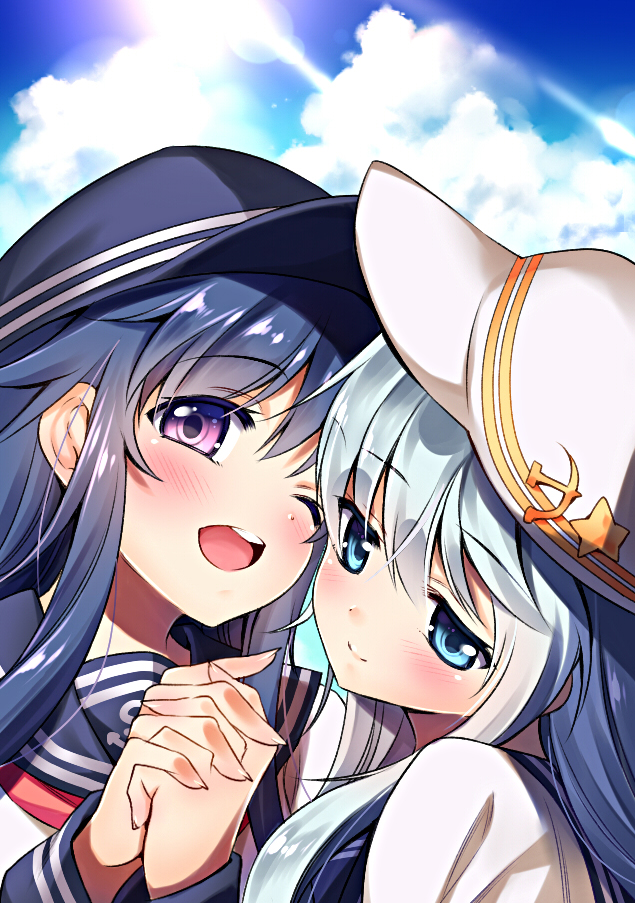 1492egg akatsuki_(kantai_collection) blue_eyes blue_hair blush hammer_and_sickle hat hibiki_(kantai_collection) interlocked_fingers kantai_collection looking_at_viewer neckerchief one_eye_closed open_mouth school_uniform serafuku silver_hair smile star upper_body verniy_(kantai_collection) violet_eyes