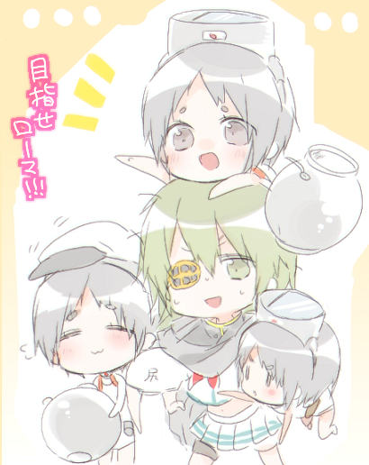 5girls :3 :d =_= black_eyes black_hair cape carrying_under_arm chibi clone diving_mask diving_mask_on_head eyepatch flying_sweatdrops green_eyes green_hair hat_theft holding kantai_collection kiso_(kantai_collection) maru-yu_(kantai_collection) midriff multiple_girls open_mouth person_on_head sino_(sionori) skirt smile sweat ||_||