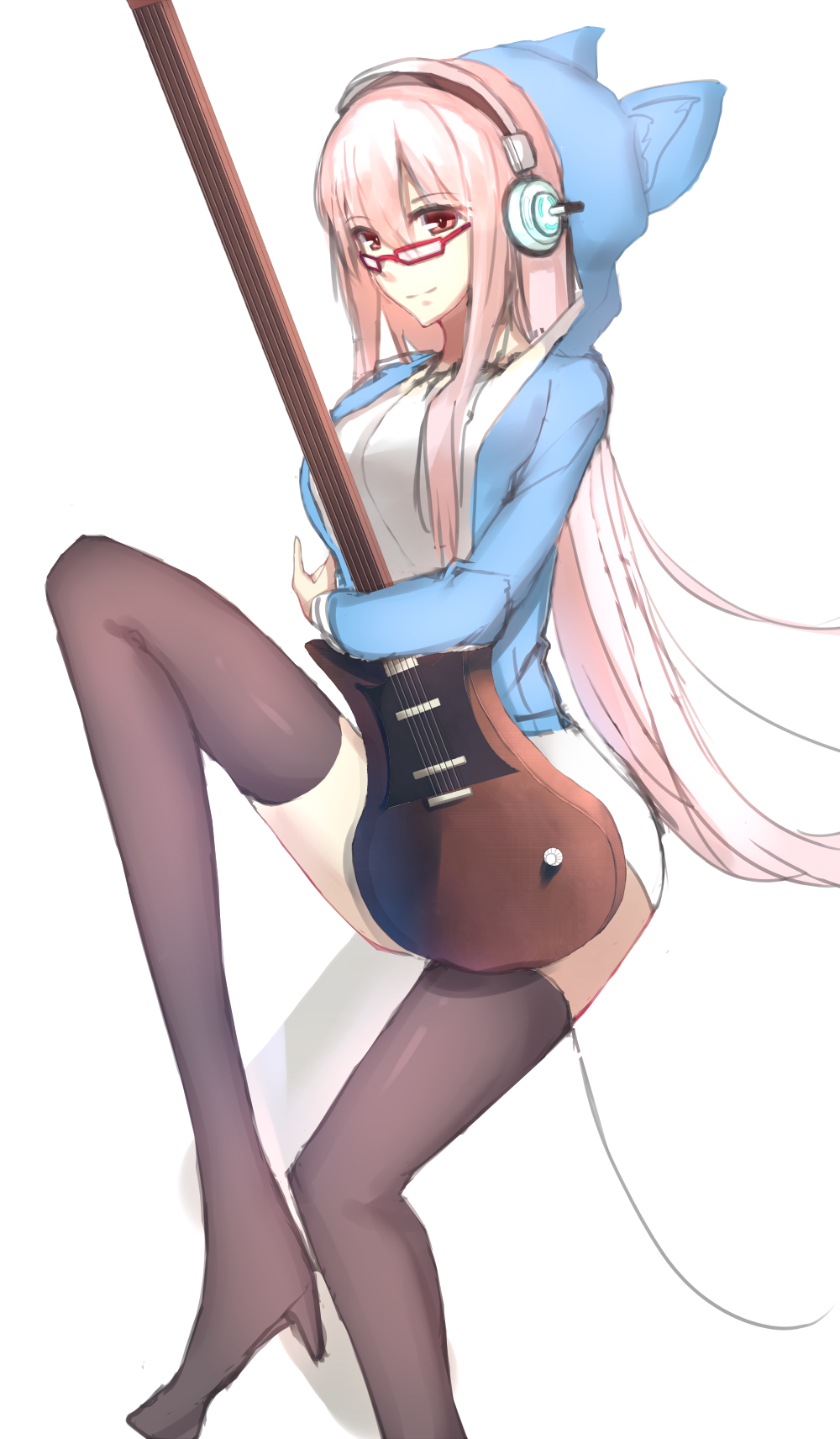 1girl bespectacled breasts electric_guitar glasses guitar headphones highres instrument large_breasts long_hair looking_at_viewer neko-hime_(neko-hime) nitroplus pink_hair red_eyes smile solo super_sonico thigh-highs