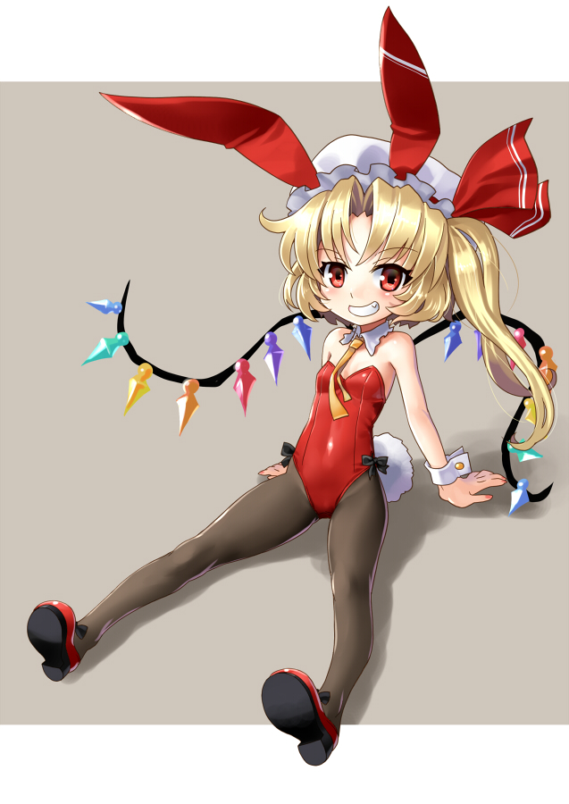 1girl alternate_costume animal_ears arm_support bare_shoulders blonde_hair blush bunny_girl bunny_tail bunnysuit detached_collar fang flandre_scarlet hat katahira_masashi long_hair looking_at_viewer necktie pantyhose rabbit_ears red_eyes side_ponytail simple_background sitting smile solo tail touhou wings wrist_cuffs