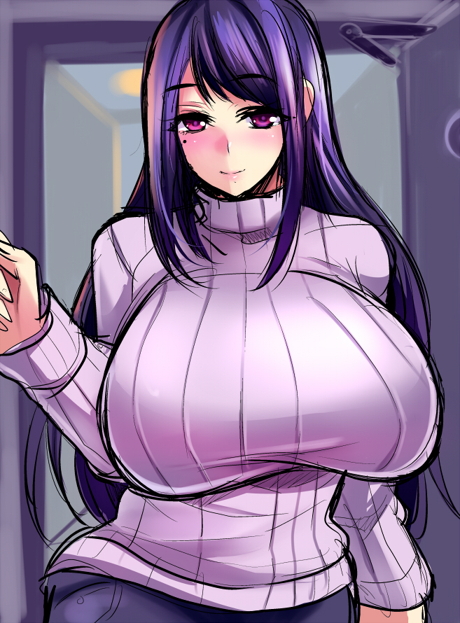 1girl blush breasts eyebrows eyelashes female glasses_man huge_breasts large_breasts long_hair looking_at_viewer mole original pants purple_hair sagging_breasts solo standing sweater turtleneck violet_eyes