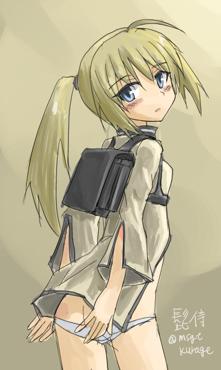 1girl ass backpack bag blonde_hair blue_eyes charlotte_lueder long_hair military military_uniform panties ponytail short_hair solo strike_witches underwear uniform