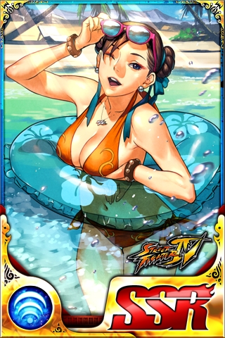 1girl ;) artist_request bikini blue_eyes breasts brown_hair chun-li cleavage double_bun earrings eyeliner hair_ribbon innertube jewelry lowres makeup necklace official_art one_eye_closed partially_submerged ribbon short_hair smile solo street_fighter street_fighter_battle_combination studded_bracelet sunglasses sunglasses_on_head swimsuit