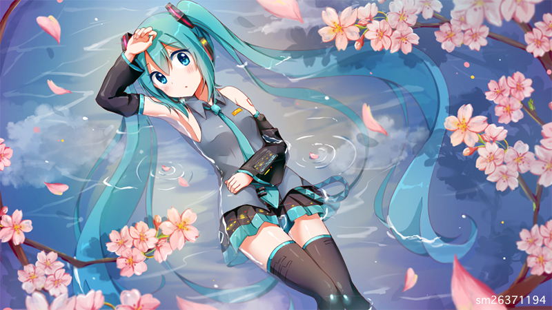 1girl aqua_eyes aqua_hair arm_up cherry_blossoms detached_sleeves hatsune_miku headphones long_hair looking_at_viewer lying necktie on_back partially_submerged petals skirt snowmi solo thigh-highs twintails very_long_hair vocaloid