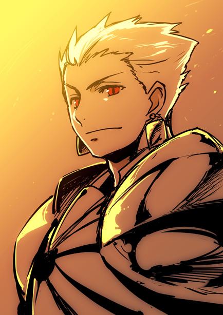 1boy armor blonde_hair earrings fate/grand_order fate/stay_night fate_(series) gilgamesh ishida_akira jewelry male_focus nose portrait red_eyes short_hair solo spot_color