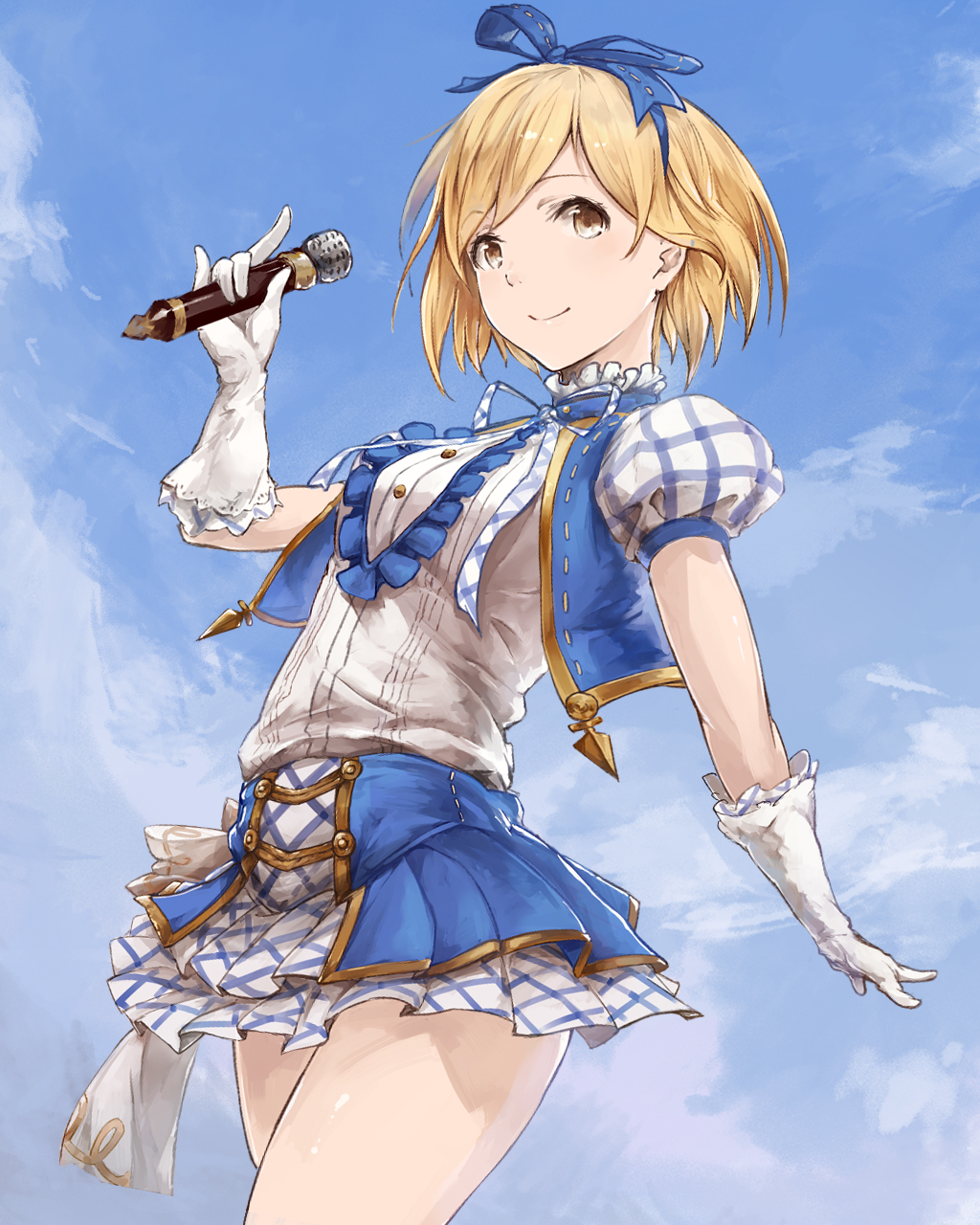 1girl blonde_hair breasts cherry_blossoms cowboy_shot cropped_jacket frills gita_(granblue_fantasy) gloves granblue_fantasy hair_ribbon hairband highres idol layered_dress looking_at_viewer microphone puffy_sleeves ribbon short_sleeves sky smile solo thighs white_gloves yashigaras yellow_eyes