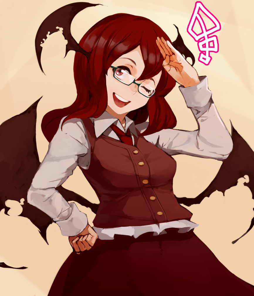 1girl ;d arm_up bat_wings bespectacled buttons collared_shirt commentary_request dress_shirt glasses hand_on_hip head_tilt head_wings inugami_akito koakuma long_hair long_sleeves low_wings necktie one_eye_closed open_mouth red_eyes redhead salute semi-rimless_glasses shirt simple_background skirt skirt_set smile solo tan_background touhou vest white_shirt wings