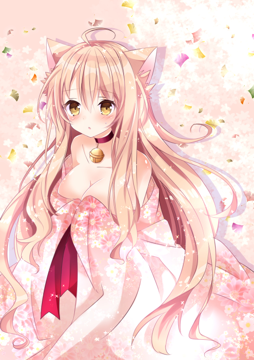 1girl animal_ears bare_shoulders bell bell_collar blonde_hair blush breasts brown_eyes cat_ears cleavage collar collarbone floral_print japanese_clothes kimono large_breasts long_hair looking_at_viewer nanase_nao off_shoulder open_clothes open_kimono original solo very_long_hair