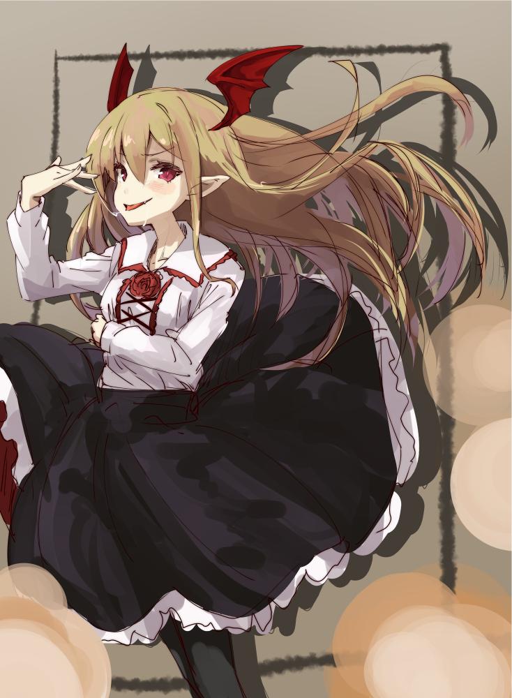 &gt;:d 1girl :d bangs bat_wings black_legwear black_skirt blonde_hair collarbone fang floating_hair flower frilled_shirt frills granblue_fantasy hair_between_eyes head_wings iwasaki_takashi long_hair long_sleeves open_mouth pantyhose pink_eyes pointy_ears red_rose rose shirt skirt smile solo tongue tongue_out vampy_(granblue_fantasy) white_shirt wings