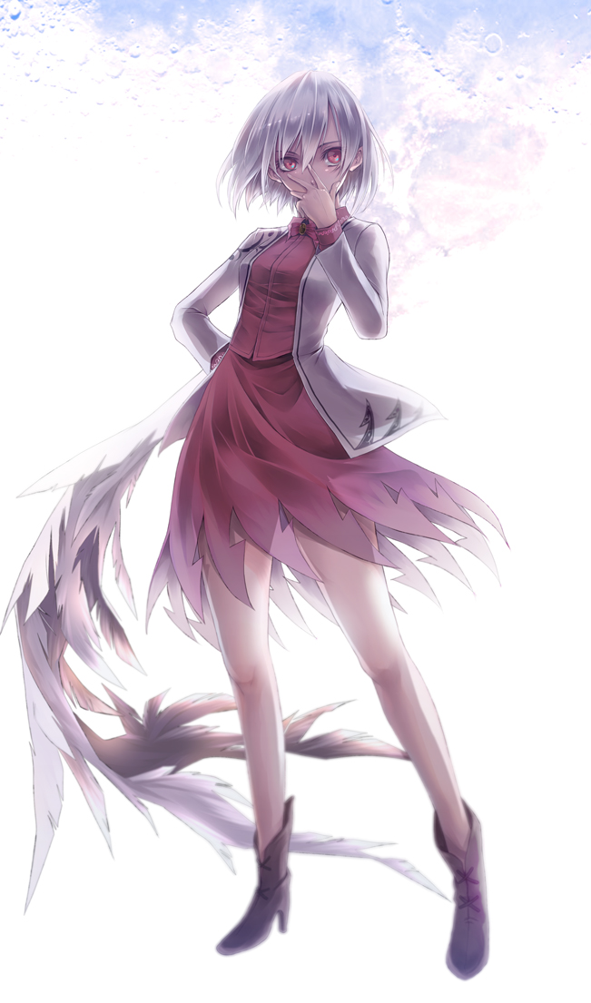 1girl boots covering_mouth full_body futami_kito grey_hair hand_on_hip hand_over_own_mouth high_heel_boots high_heels kishin_sagume long_sleeves looking_at_viewer red_eyes shirt short_hair single_wing skirt solo standing touhou vest wings