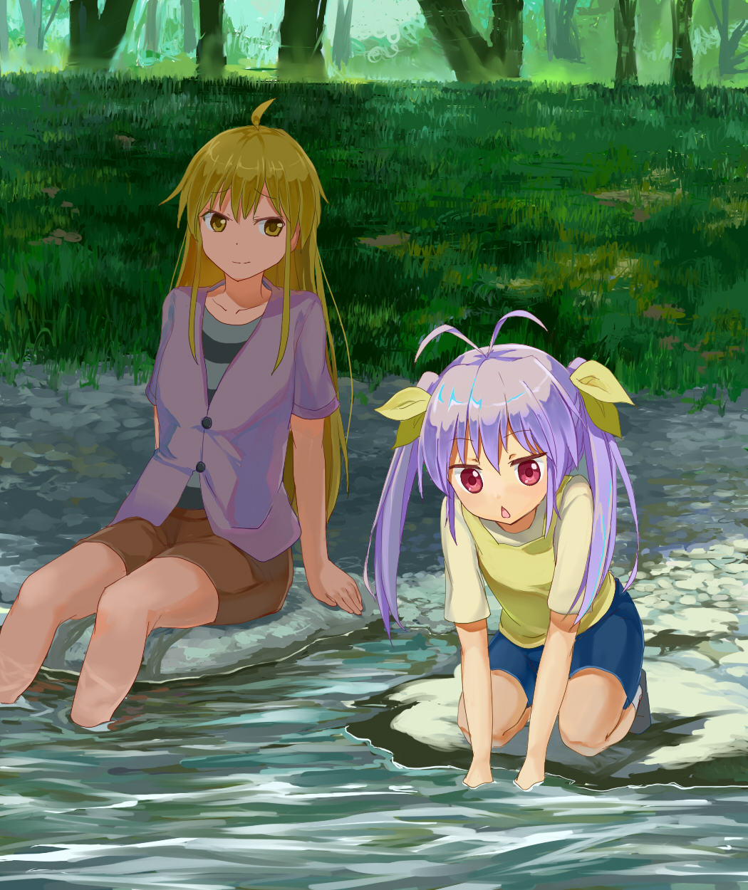 2girls ahoge antenna_hair blonde_hair grass hair_ribbon highres kagayama_kaede kneeling lavender_hair light_smile long_hair looking_at_another looking_down maeshimashi miyauchi_renge multiple_girls non_non_biyori red_eyes ribbon shirt short_hair shorts sitting_on_rock soaking_feet soaking_hands stream striped striped_shirt tree triangle_mouth twintails yellow_eyes