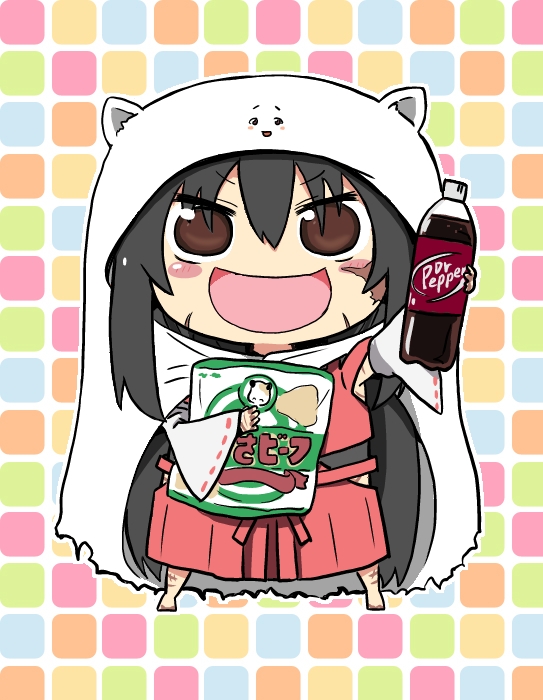 1girl animal_hood barefoot black_hair blush_stickers brown_eyes chibi dr_pepper hakama hood japanese_clothes kongari_tokei leotard long_hair m.u.g.e.n open_mouth original parody potato_chips sendai_hakurei_no_miko smile solo style_parody touhou