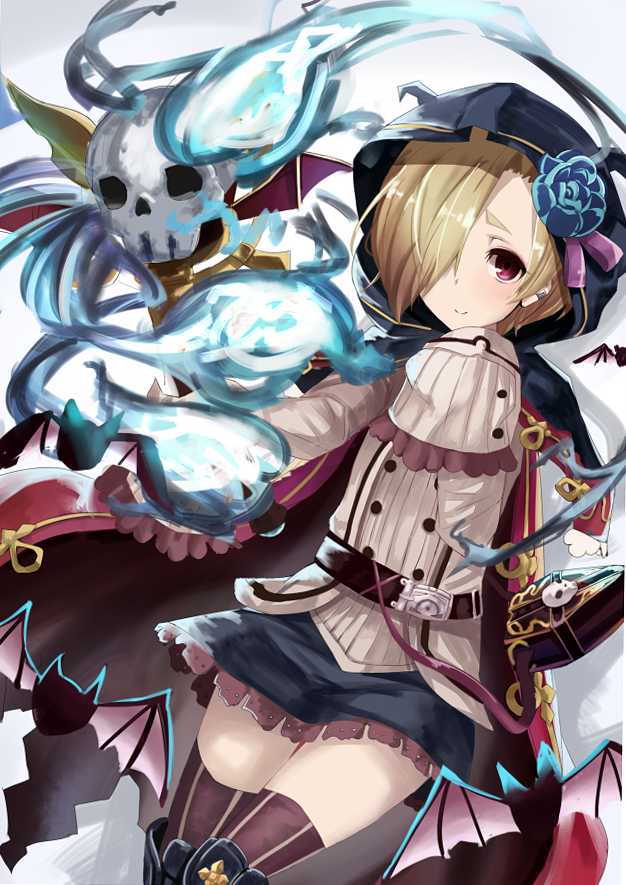 1girl blonde_hair cure_slum granblue_fantasy hair_over_one_eye hood idolmaster idolmaster_cinderella_girls looking_at_viewer red_eyes shirasaka_koume short_hair skull sleeves_past_wrists smile solo thigh-highs