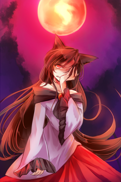 1girl animal_ears brooch brown_hair full_moon hand_on_own_cheek imaizumi_kagerou jewelry kutsuki_kai long_hair long_sleeves looking_at_viewer moon off_shoulder red_eyes red_moon shirt skirt solo touhou very_long_hair werewolf wide_sleeves wolf_ears