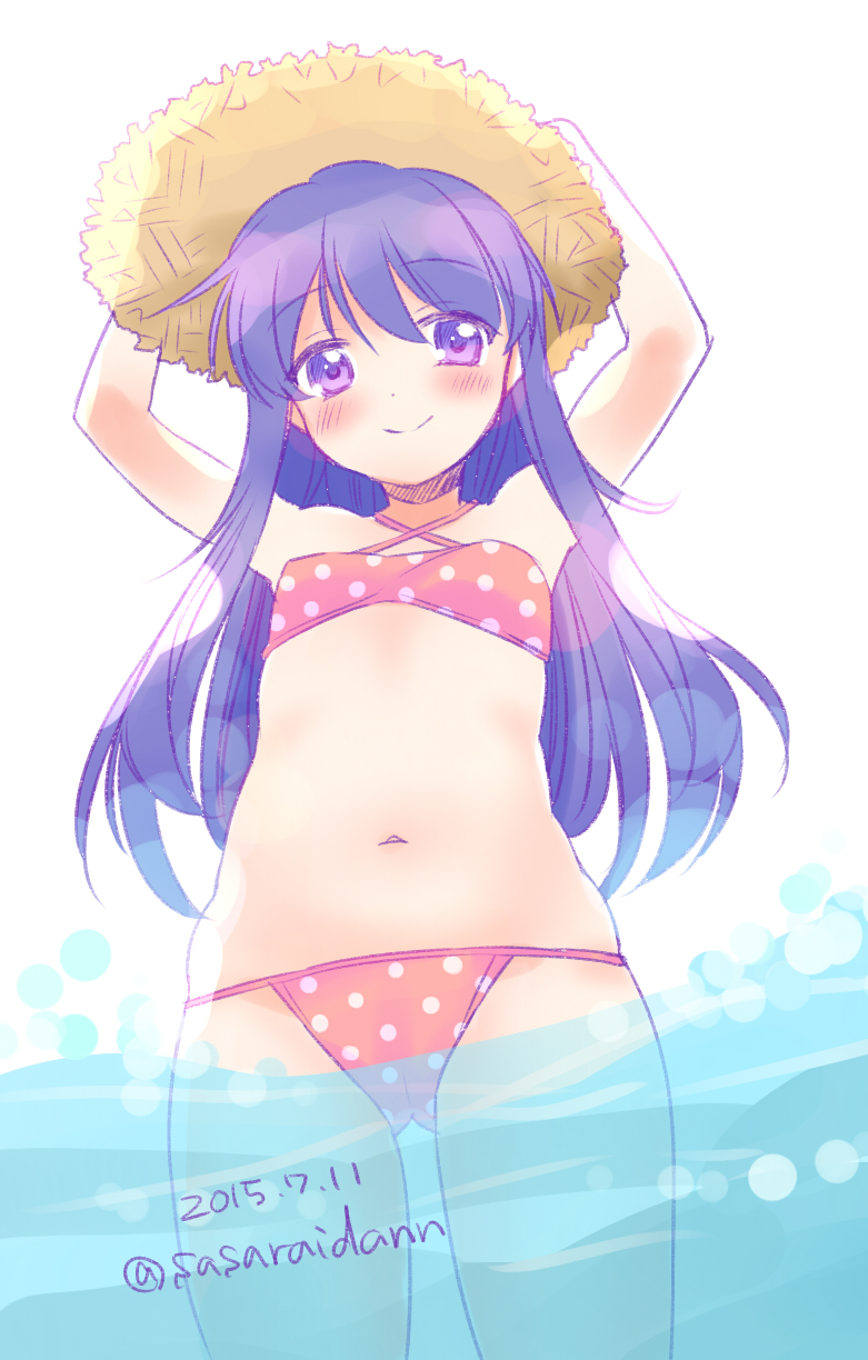 1492egg 1girl akatsuki_(kantai_collection) arms_up bare_shoulders hat highres kantai_collection looking_at_viewer nav navel partially_submerged polka_dot polka_dot_swimsuit purple_hair smile solo sun_hat swimsuit violet_eyes water