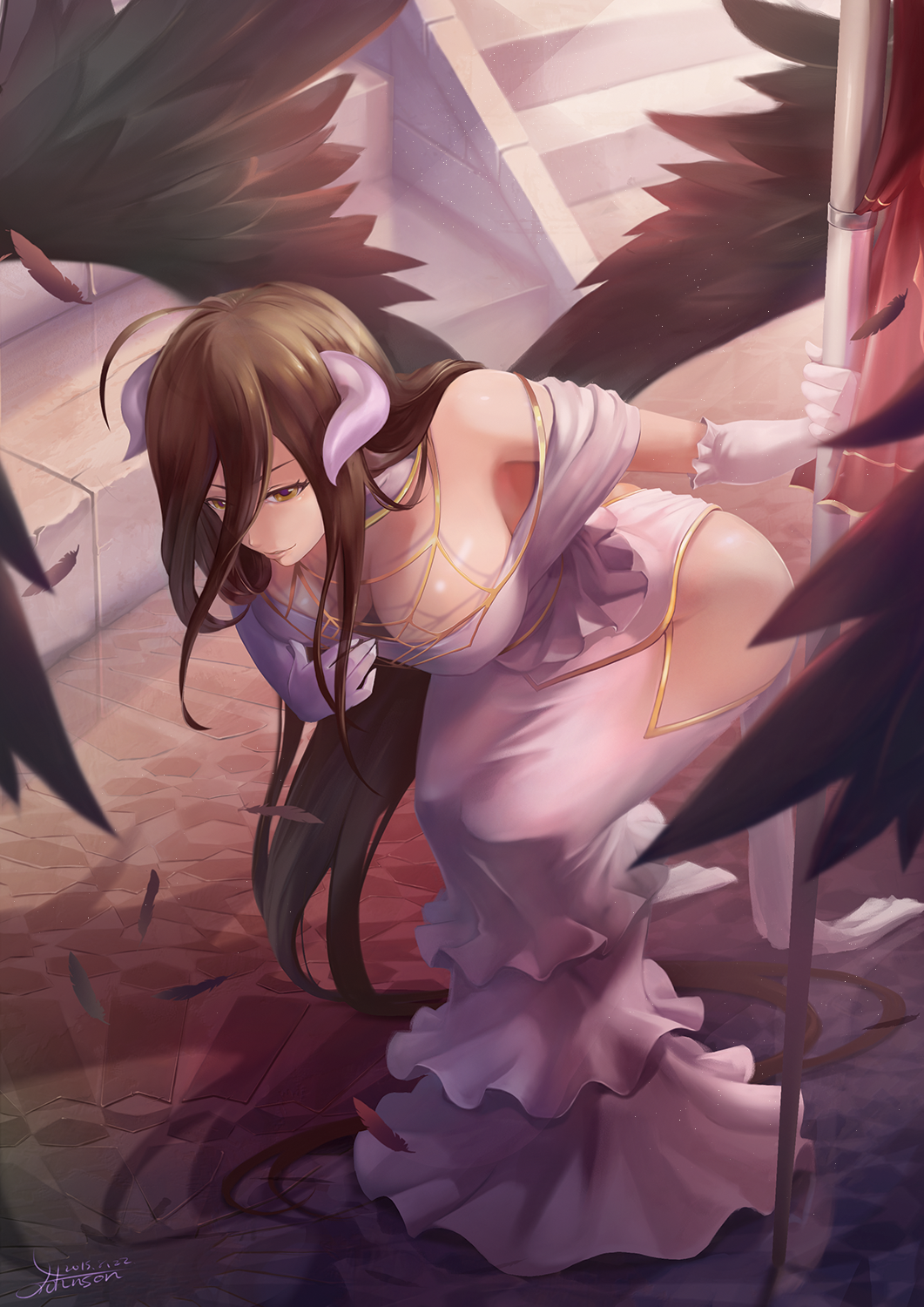 1girl albedo bare_shoulders black_hair breasts brown_eyes cleavage crow_aberdeen dress highres horns large_breasts long_hair overlord_(maruyama) smile solo thighs wings