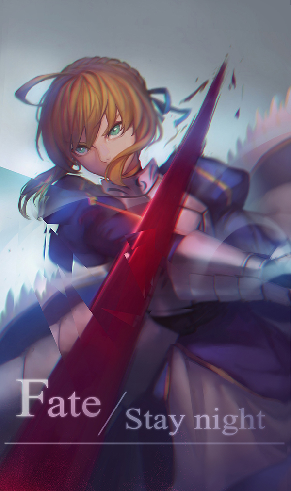 1girl armor armored_dress blonde_hair fate/stay_night fate_(series) gauntlets green_eyes llc looking_at_viewer saber solo