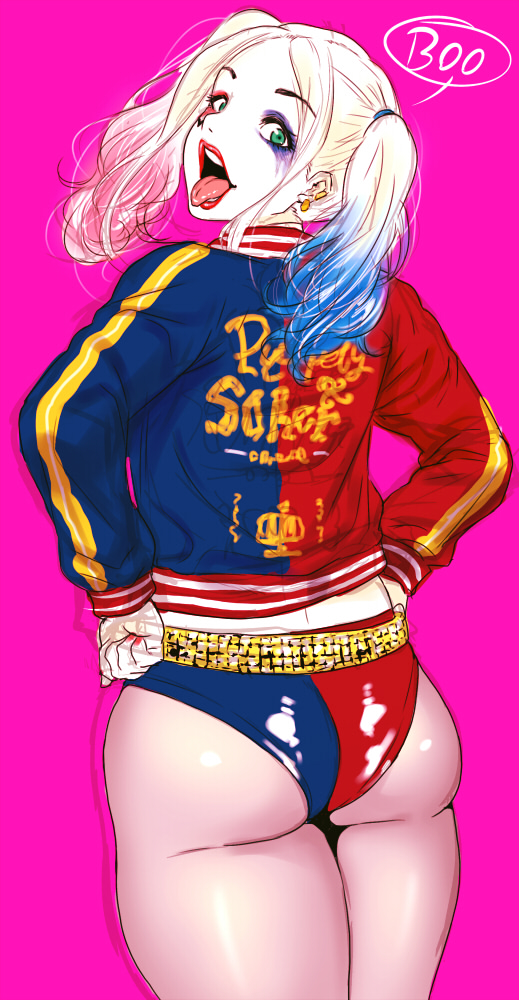 ass belt blonde_hair earrings hands_on_hips harley_quinn jacket jewelry looking_at_viewer looking_back makeup pantyhose pink_background sheer_legwear shiny shiny_skin simple_background studded_belt suicide_squad thighs tongue twintails yokkora