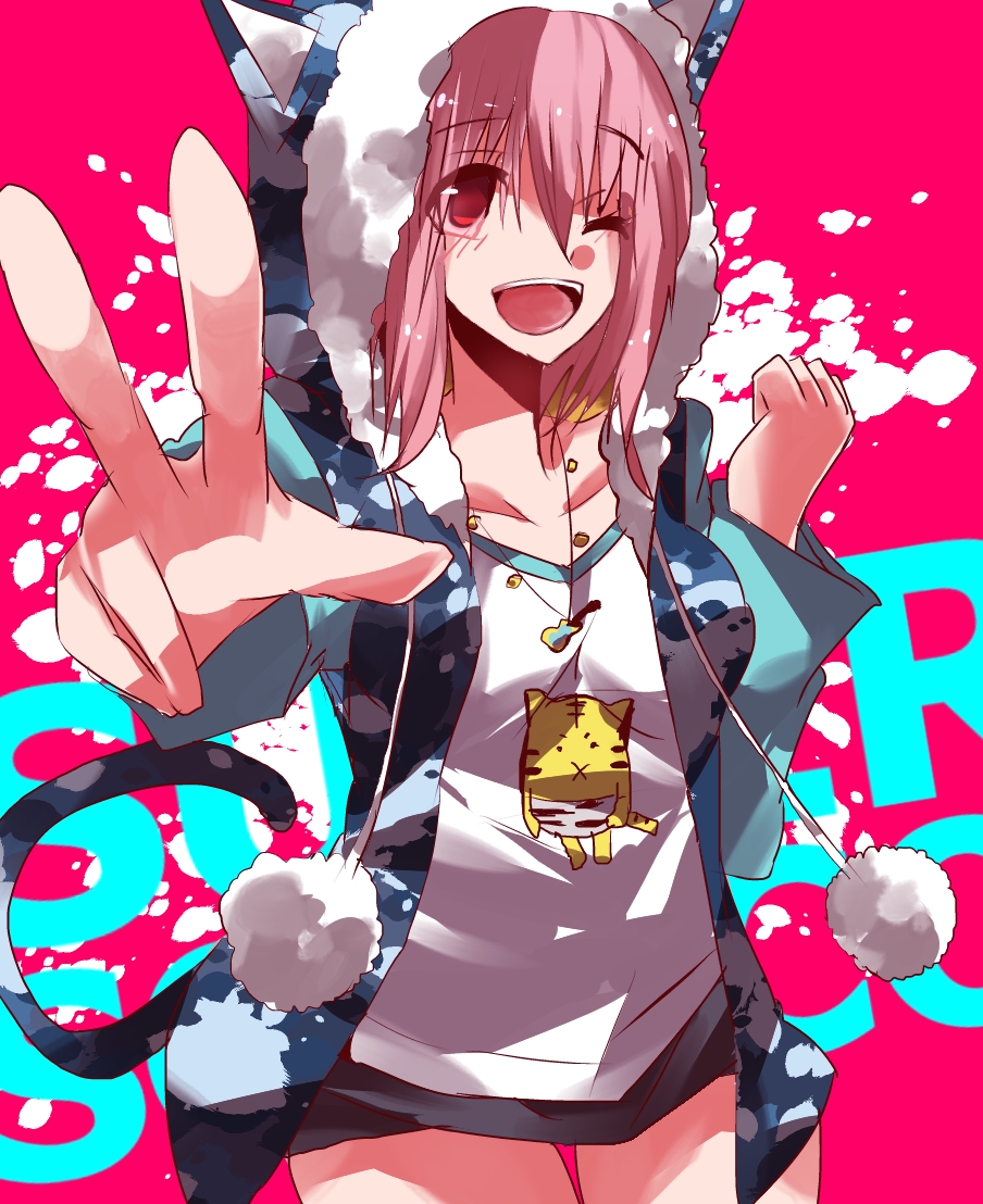 1girl a3girislim blush breasts headphones large_breasts long_hair looking_at_viewer nitroplus open_mouth pink_hair pom_pom_(clothes) red_eyes smile solo super_sonico w wink