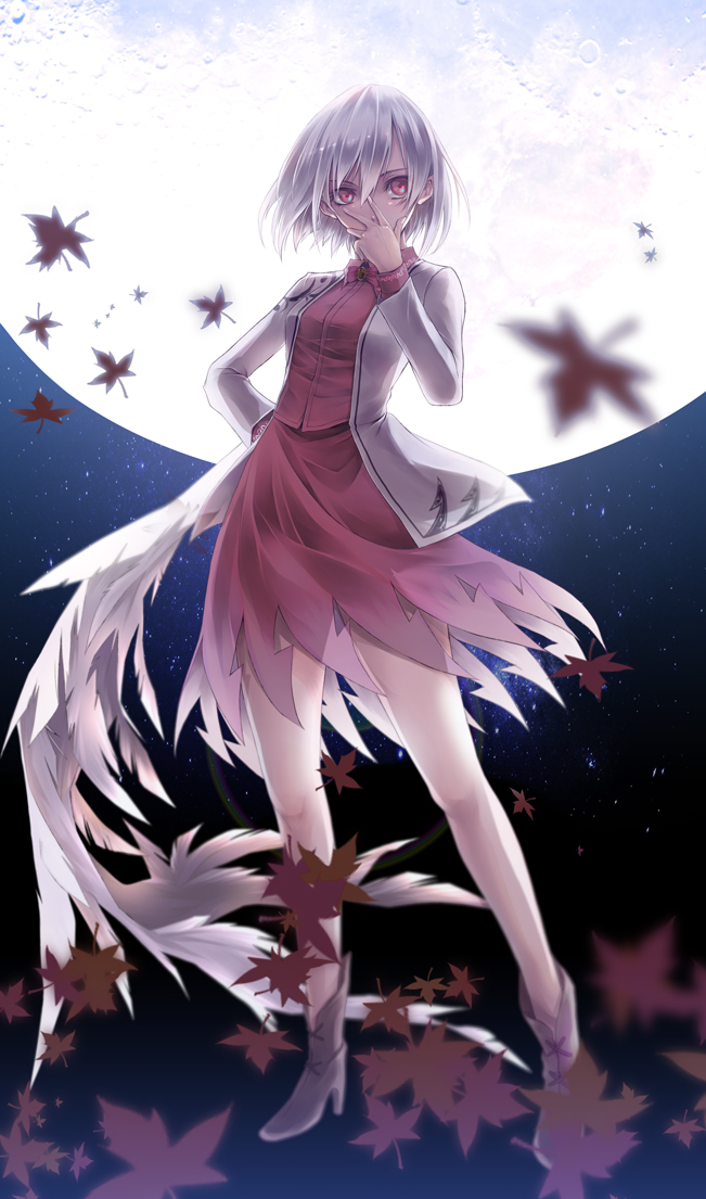 1girl full_moon futami_kito hidden_mouth jacket kishin_sagume leaf maple_leaf moon moonlight open_clothes open_jacket red_eyes silver_hair single_wing solo touhou wings