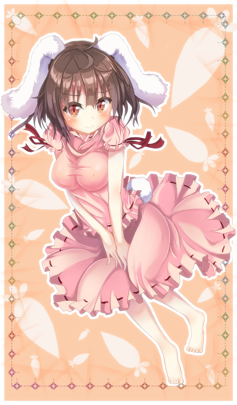 1girl alternate_breast_size animal_ears barefoot blush breasts brown_hair bunny_tail carrot dress highres inaba_tewi jewelry pendant puffy_sleeves rabbit_ears red_eyes short_hair solo tail touhou unushi