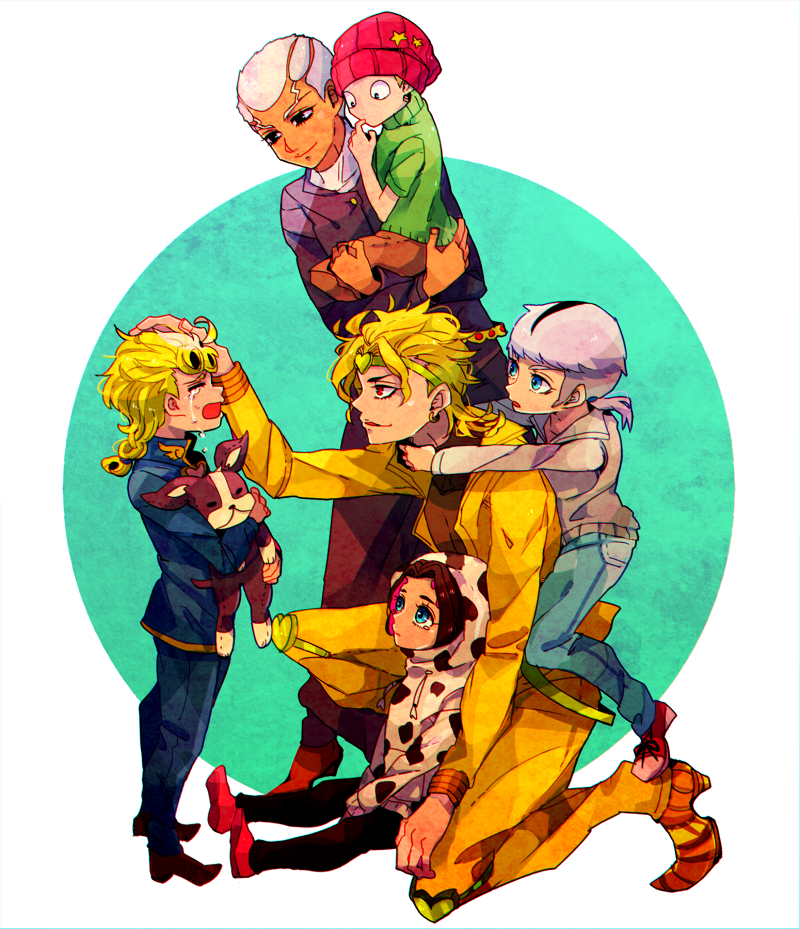 beanie black_eyes black_hair blonde_hair blue_eyes carrying child cow_print crying dio_brando donatello_versace earrings enrico_pucci family giorno_giovanna hat headband hoodie iggy_(jojo) jewelry jojo_no_kimyou_na_bouken knee_pads kneeling multicolored_hair objectification patting_head pointy_shoes rykiel shoes sitting streaming_tears stuffed_toy tears turtleneck two-tone_hair ungaro white_hair younger yyy246