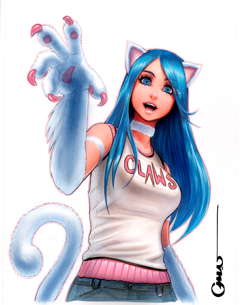 animal_ears blue_eyes blue_hair cat_ears cat_paws cat_tail felicia lips long_hair marker_(medium) omar_dogan open_mouth paws signature solo tail tank_top traditional_media vampire_(game)
