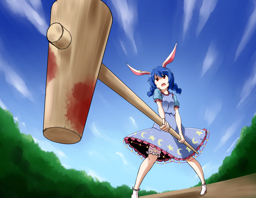 1girl animal_ears blood bloody_weapon bloomers blue_dress blue_hair blue_sky braid dress kousei_(public_planet) mallet puffy_short_sleeves puffy_sleeves rabbit_ears red_eyes seiran_(touhou) short_sleeves sky solo sunrise_stance touhou twin_braids underwear weapon