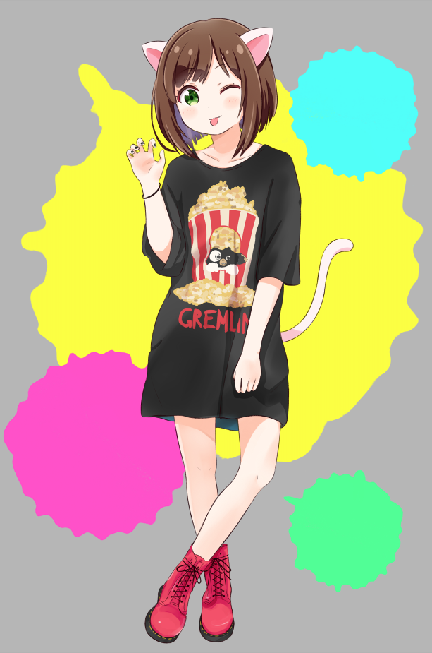 1girl ;p animal_ears bare_legs black_nails brown_hair cat_ears cat_tail check_(check_book) commentary_request green_eyes gremlins high_tops idolmaster idolmaster_cinderella_girls maekawa_miku nail_polish one_eye_closed paint_splatter red_shoes shoes solo t-shirt tail tongue tongue_out wristband