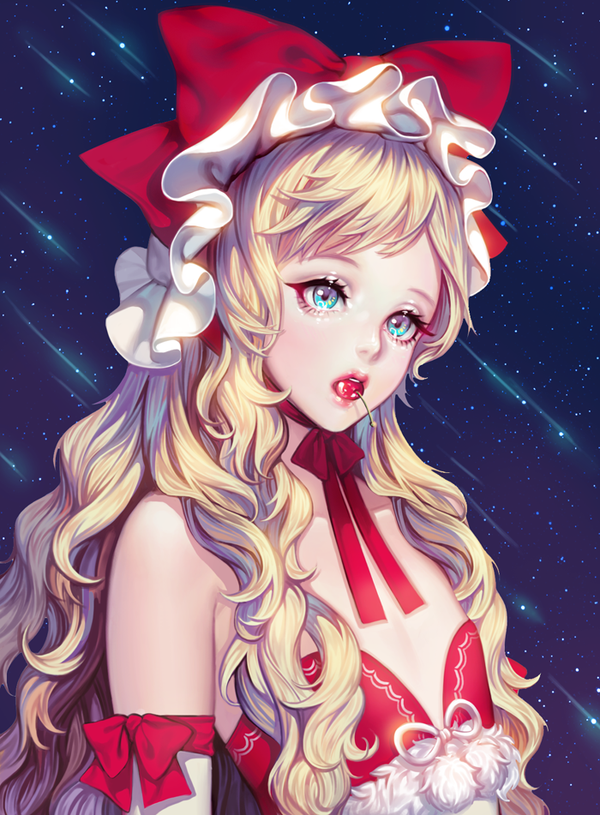 'o'ne androgynous blonde_hair blue_eyes bow cherry copyright_request eyelashes flat_chest food fruit fur long_hair mouth_hold red_lips shooting_star sky solo star_(sky)