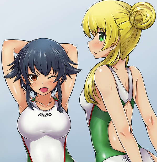 2girls arms_up black_hair blonde_hair braid brand_name_imitation breasts carpaccio competition_swimsuit girls_und_panzer green_eyes looking_at_viewer looking_away multiple_girls one-piece_swimsuit open_mouth pepperoni_(girls_und_panzer) red_eyes side_braid solokov_(okb-999) swimsuit tagme