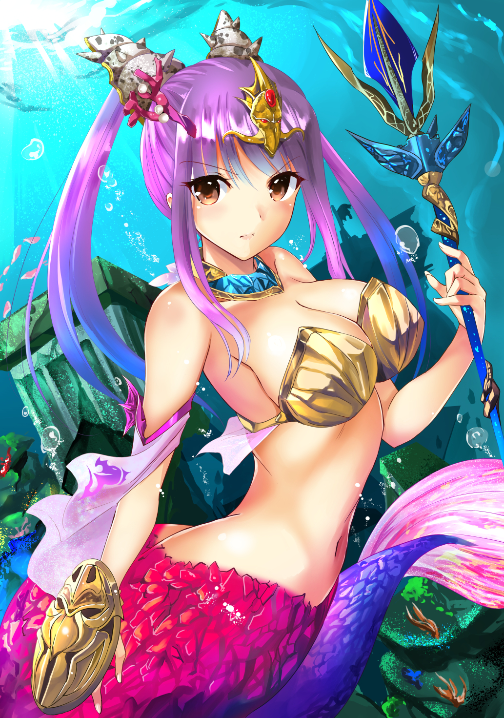 1girl air_bubble armor bikini_armor bikini_top breasts brown_eyes cleavage diadem gem highres jewelry light_rays mermaid midriff miracle_hoshi monster_girl navel neck_ring original pillar polearm purple_hair scales shell shell_hair_ornament spear twintails underwater weapon