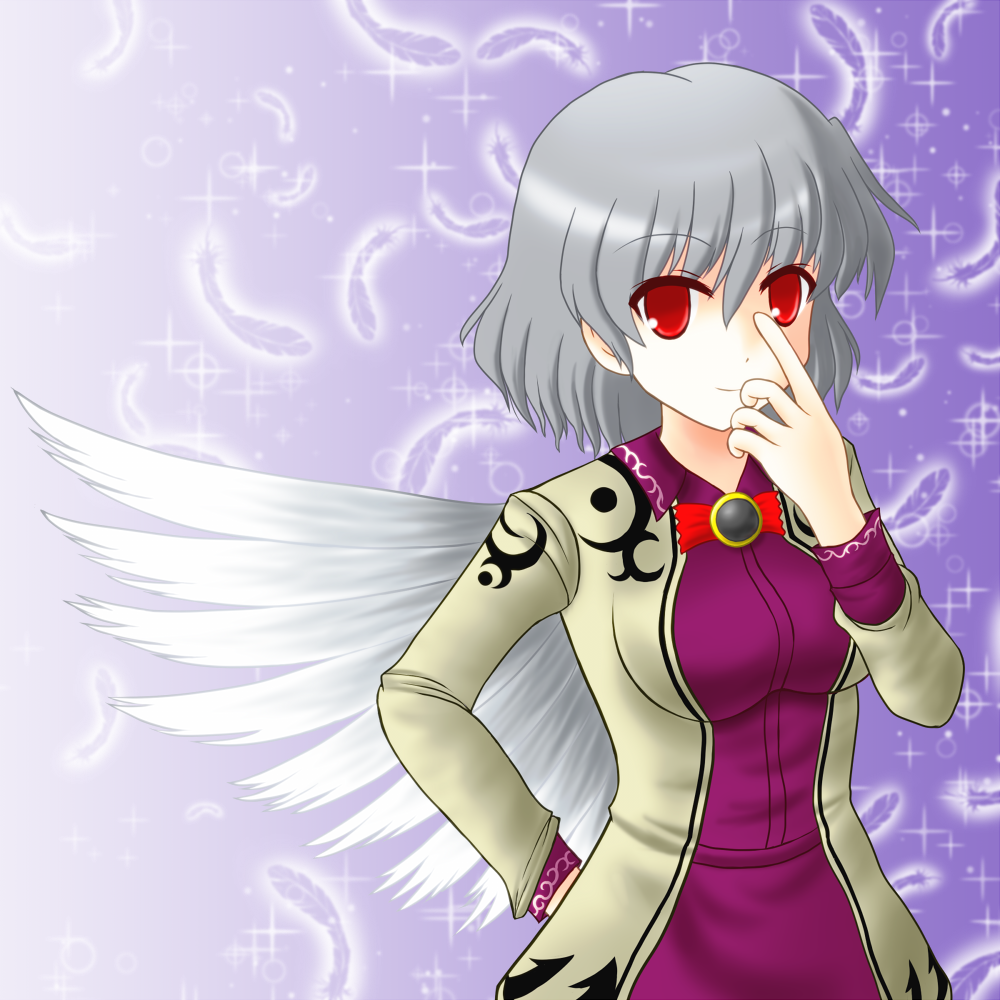 1girl feathers finger_to_face hand_on_hip kishin_sagume red_eyes silver_hair single_wing solo touhou wings yani_tama