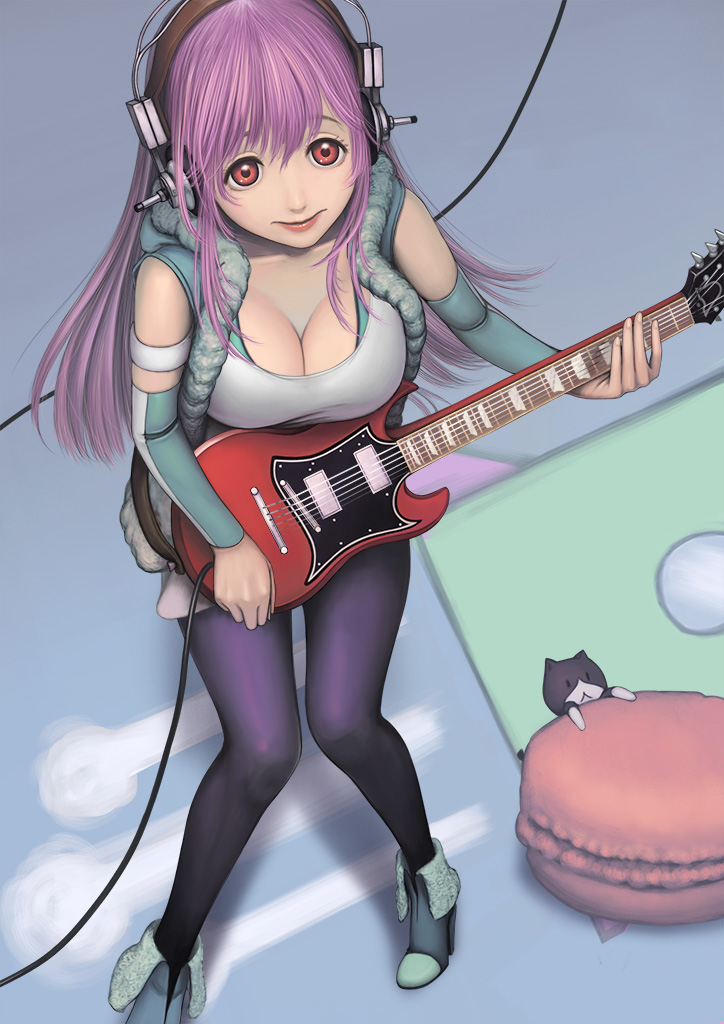 1girl blush breasts cat cleavage detached_sleeves electric_guitar guitar headphones instrument large_breasts long_hair looking_at_viewer macaron nitroplus pantyhose pink_hair red_eyes smile solo super_sonico toe9624