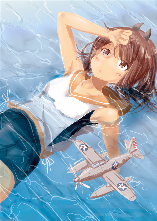 1girl brown_eyes brown_hair feesu_(rinc7600) i-401_(kantai_collection) kantai_collection open_mouth ponytail sailor_collar school_swimsuit school_uniform seaplane short_hair solo swimsuit swimsuit_under_clothes tan
