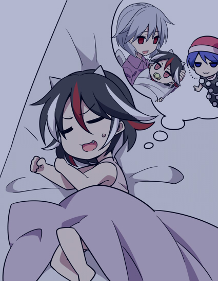 &gt;:3 3girls :3 baby blanket doremy_sweet dreaming dress empty_eyes fang futon hat horns jeno kijin_seija kishin_sagume mother_and_daughter multicolored_hair multiple_girls nightcap red_eyes silver_hair single_wing smug streaked_hair sweatdrop thought_bubble touhou translation_request wings