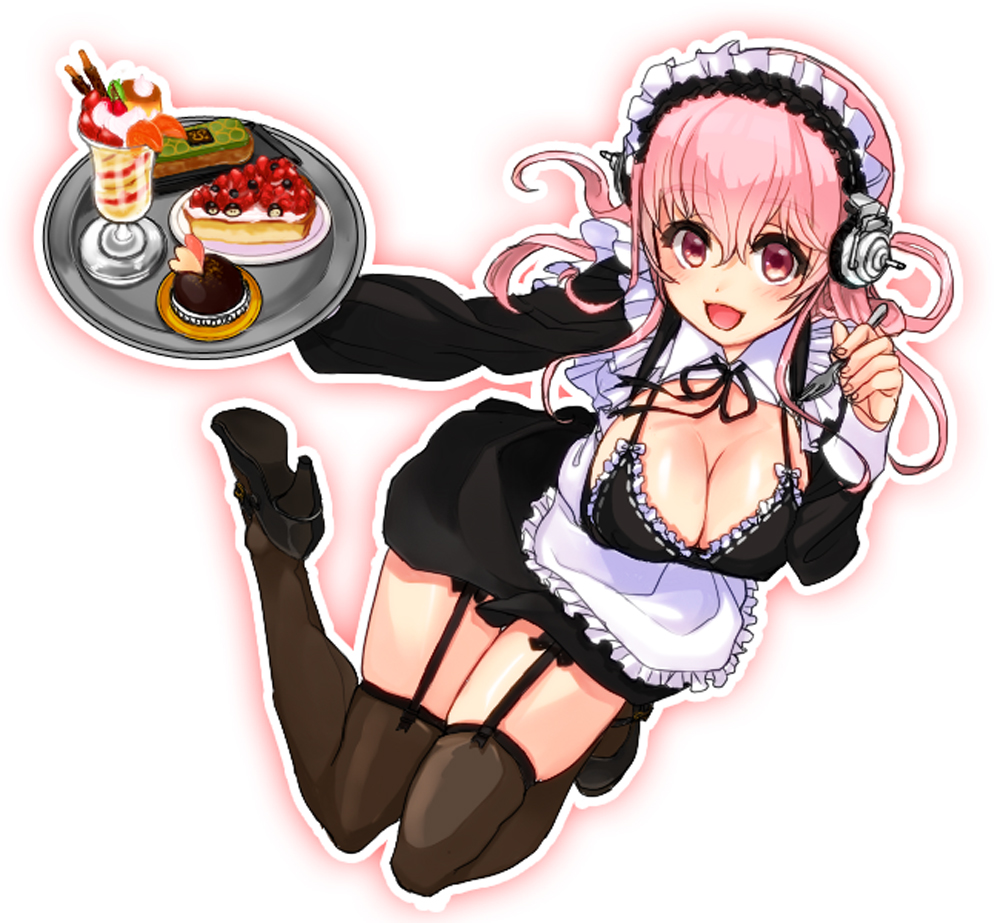 1girl alternate_costume breasts cleavage enmaided food frills headphones high_heels large_breasts long_hair looking_at_viewer maid maid_headdress nitroplus open_mouth parfait pink_hair rai_su red_eyes smile solo super_sonico thigh-highs tray