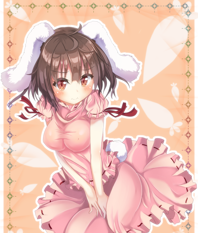 1girl alternate_breast_size animal_ears blush breasts brown_hair bunny_tail carrot dress inaba_tewi jewelry pendant puffy_sleeves rabbit_ears red_eyes short_hair solo tail touhou unushi