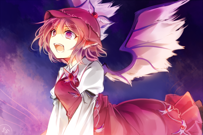 1girl animal_ears bird_wings brown_dress dress hat juliet_sleeves kutsuki_kai long_sleeves mystia_lorelei open_mouth pink_eyes pink_hair puffy_sleeves shirt solo touhou wings