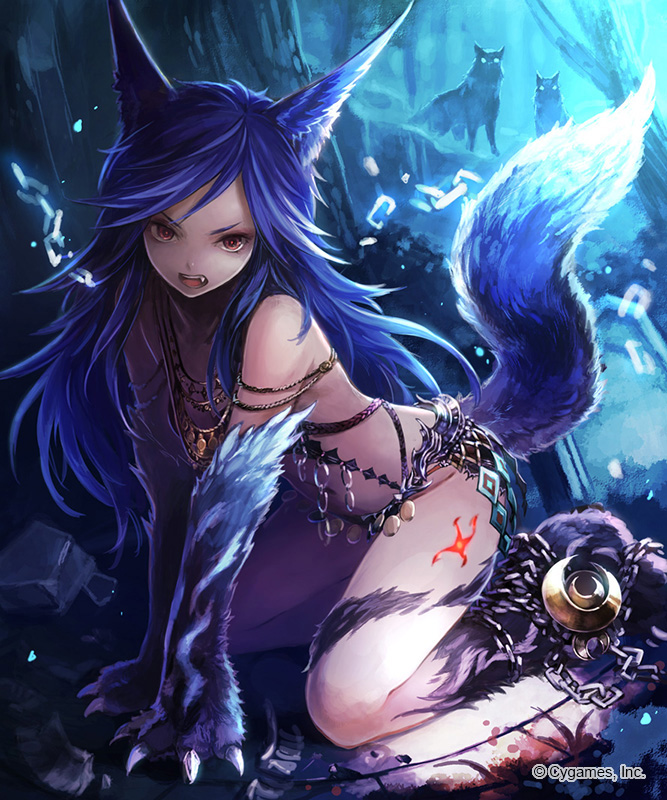 1girl all_fours animal animal_ears armor bdsm bikini_armor bondage bound_ankles chain claws cygames fang fenrir_(shingeki_no_bahamut) furry jewelry long_hair looking_at_viewer navel necklace open_mouth purple_hair red_eyes shingeki_no_bahamut silhouette sisqo_5003 solo tail wolf wolf_tail